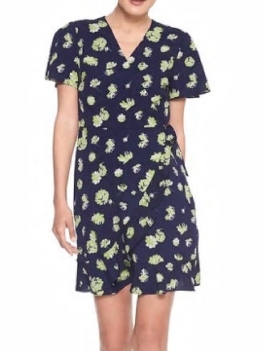 Banana Republic Navy Wrap Dress with Lime Green Floral Print